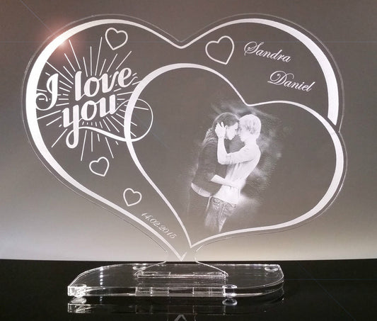 Acrylherz Geschenk mit Fotogravur Motiv "I Love You"